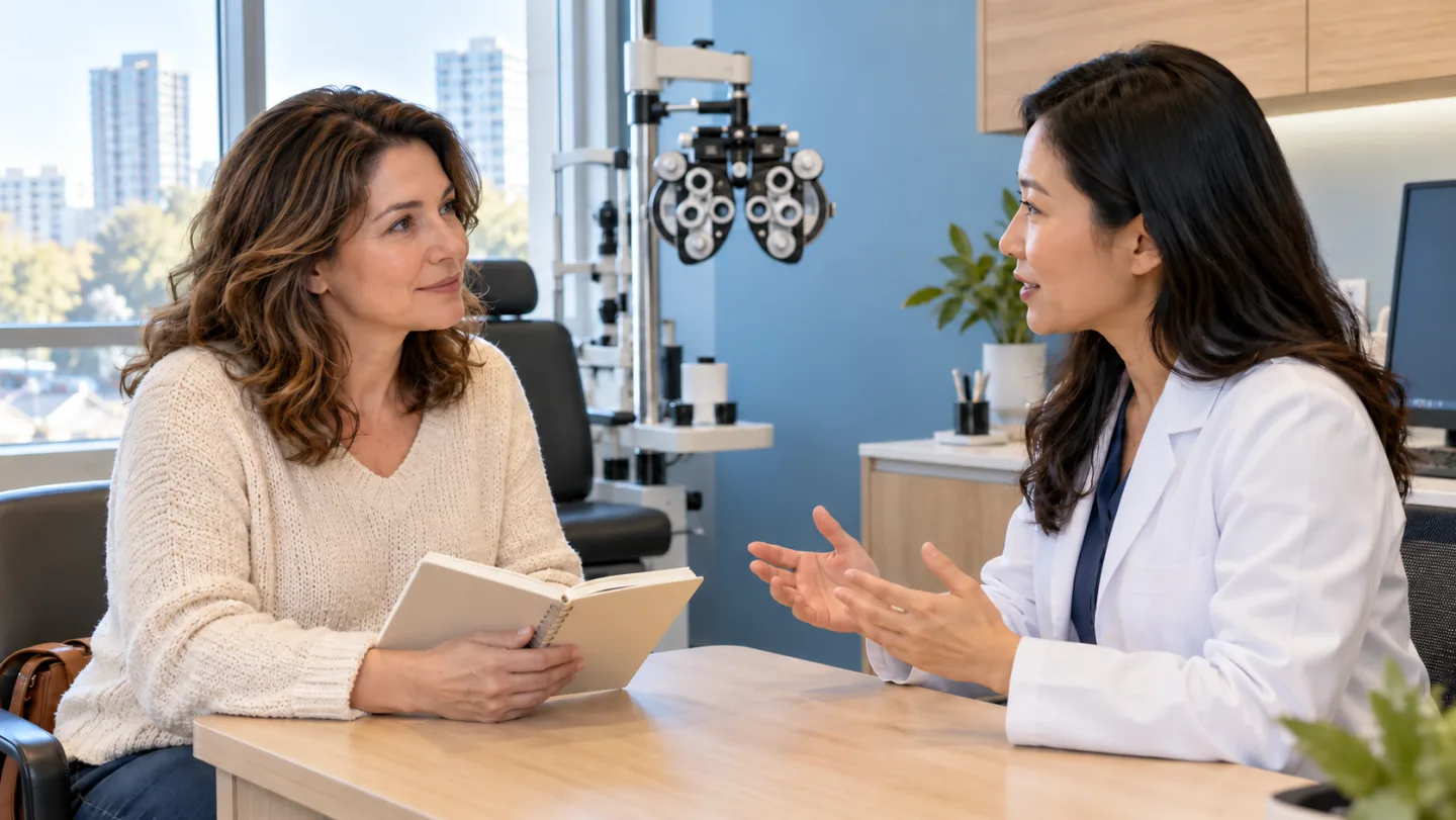 Illustrative consultation between a woman holding a notebook and an eye-care professional.