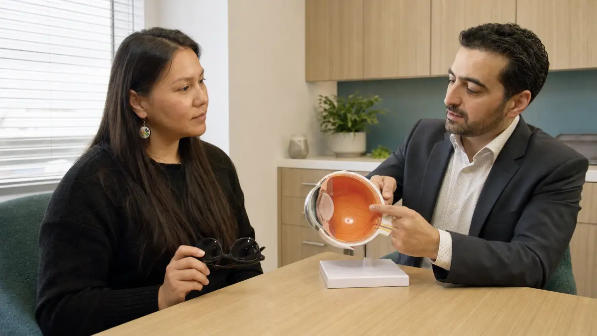 North York patient holding sunglasses while an optometrist explains uveitis with an anatomical eye model