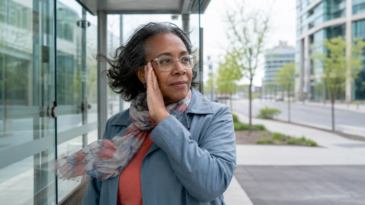 North York adult shielding her face from a cool spring breeze at a transit shelter