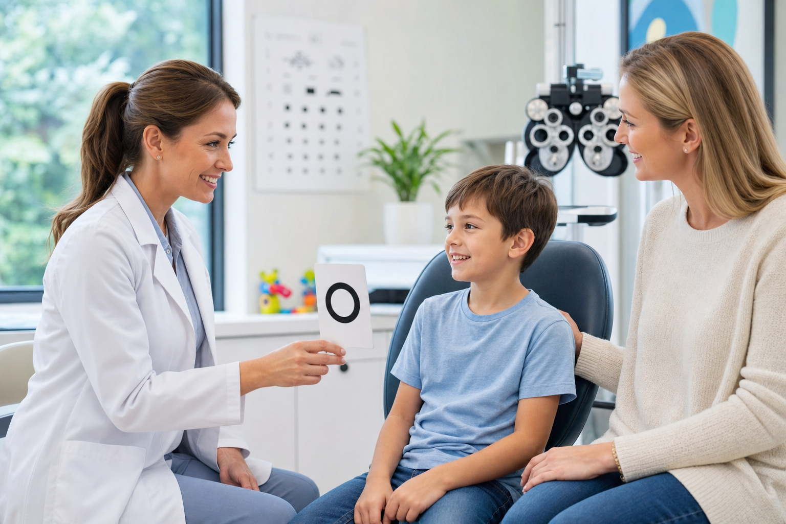 Optometrist performing a child-friendly eye exam with a parent present
