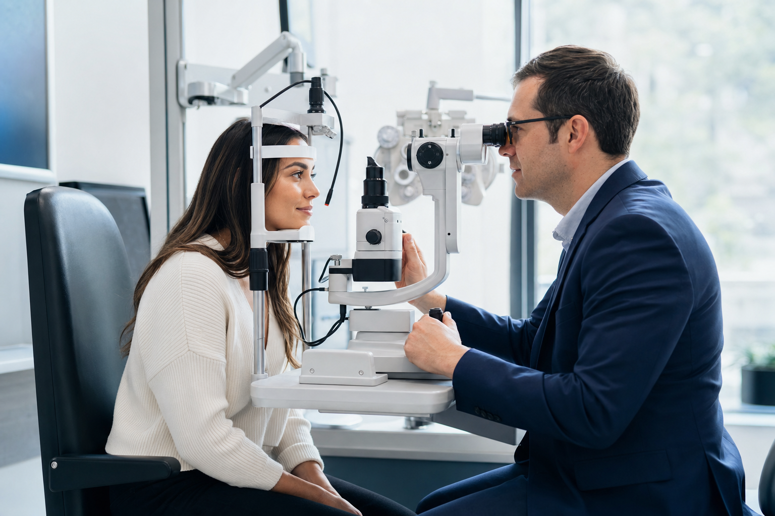 Optometrist performing a routine contact lens examination