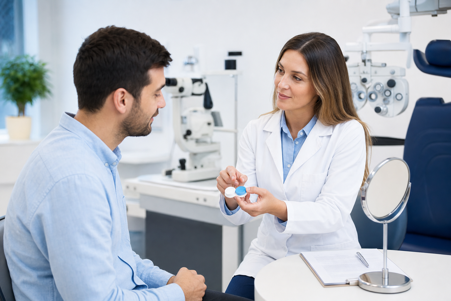 Optometrist guiding a patient during a contact lens fitting