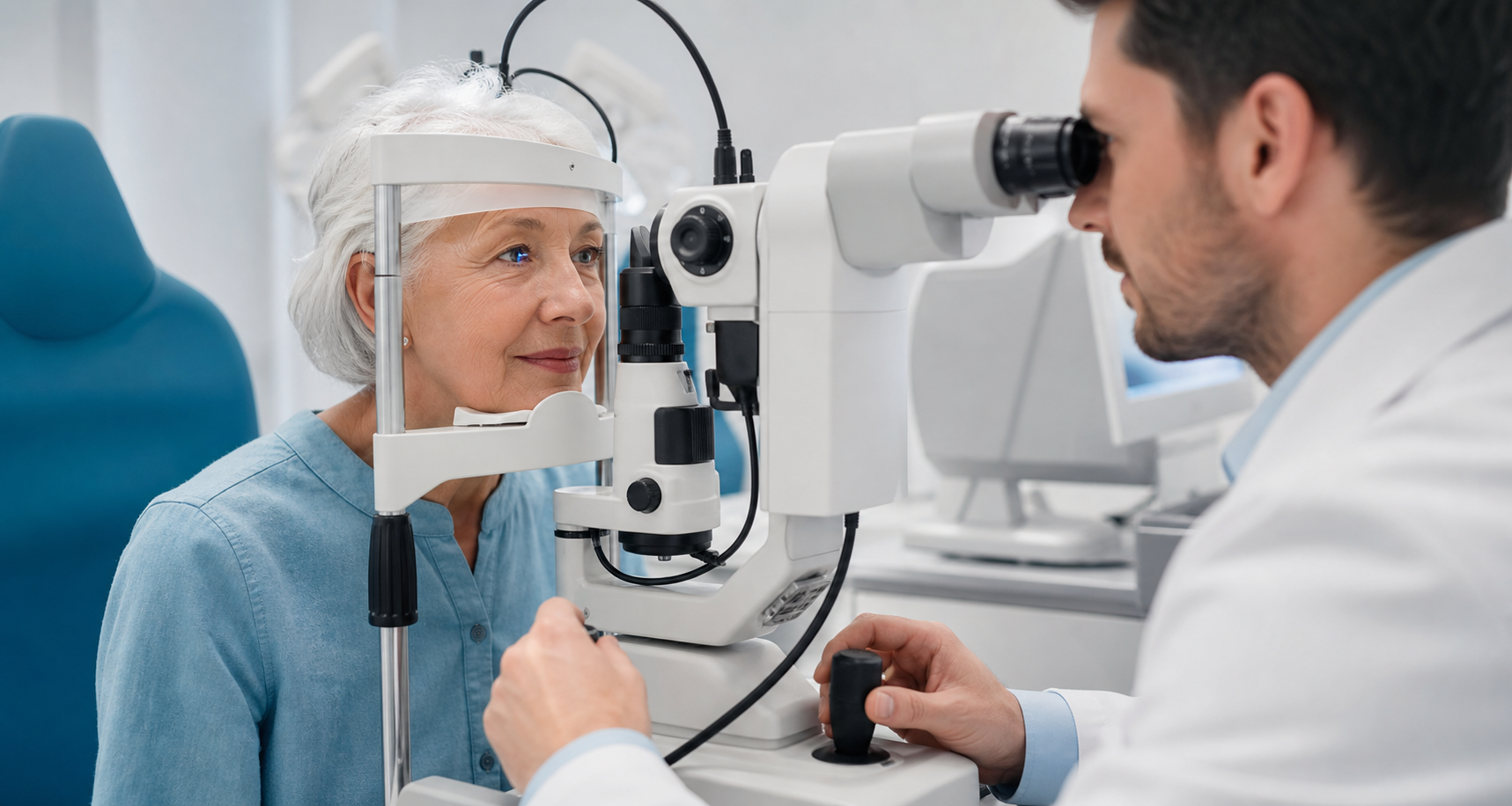 Optician checking a patient's eyes with diagnostic equipment