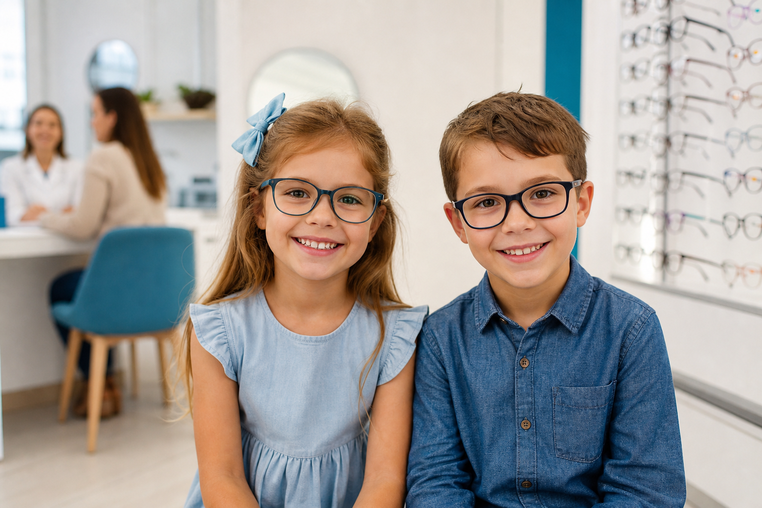 Happy kids with prescription glasses
