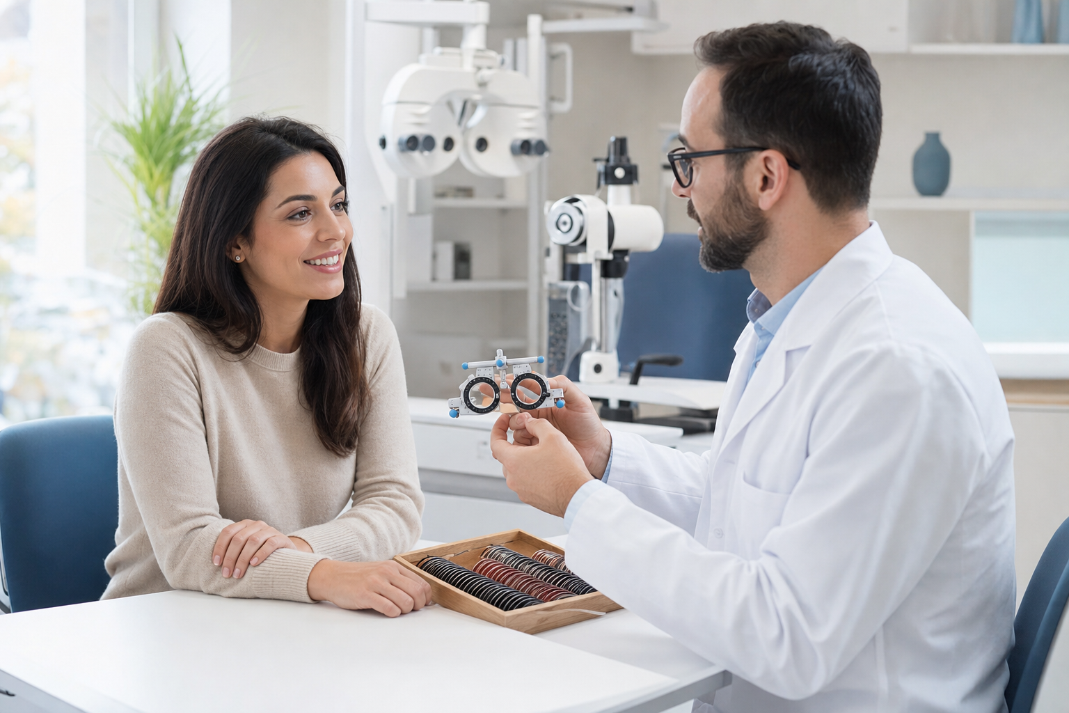 Optometrist discussing an updated glasses prescription with a patient