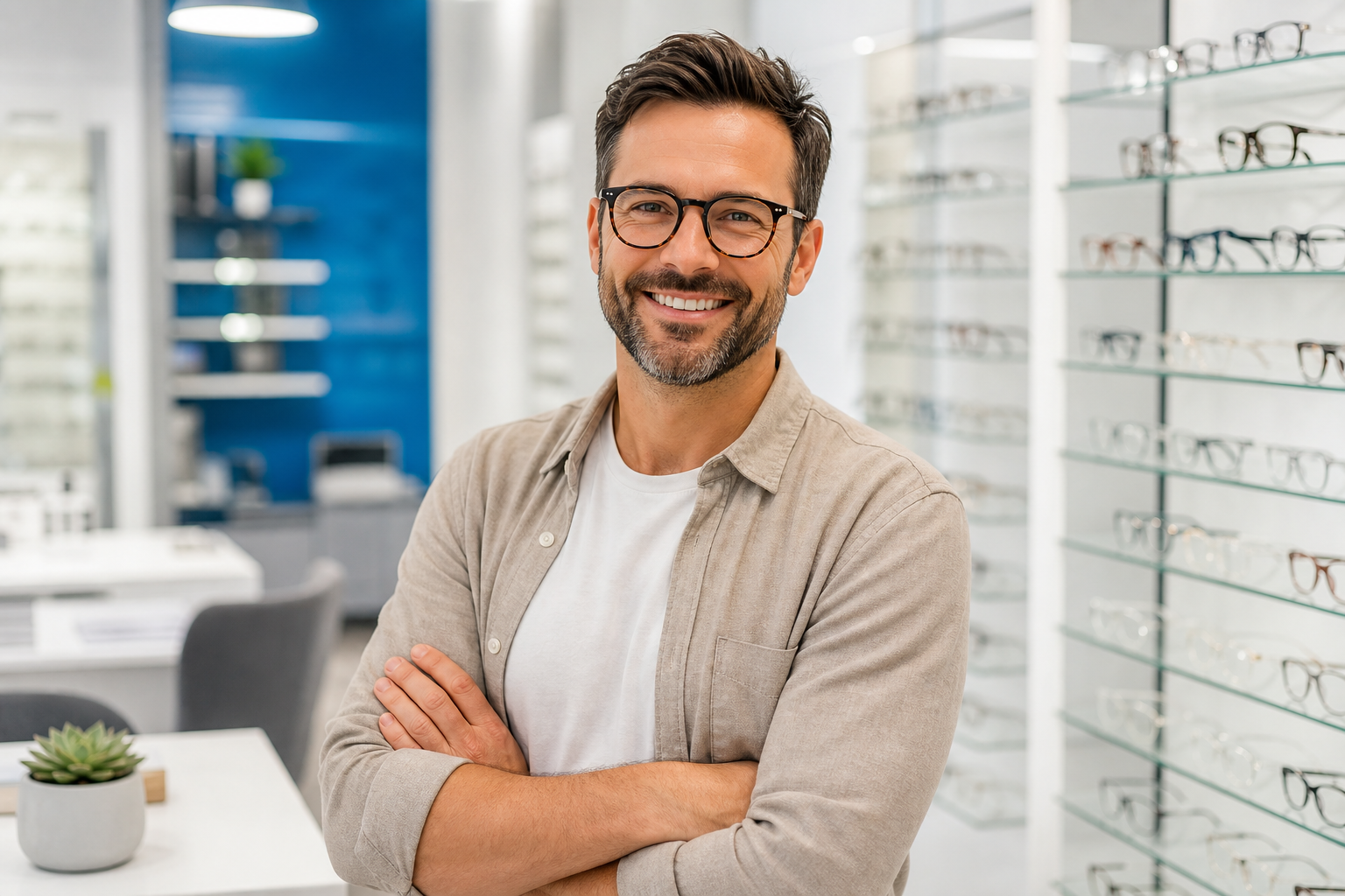 Smiling patient wearing glasses at Optima Eye Care